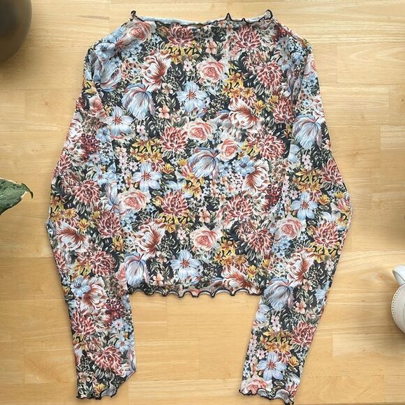 NWOT Sheer Floral Longsleeve Underlayer Ruffle Collar Medium - Picture 1 of 5